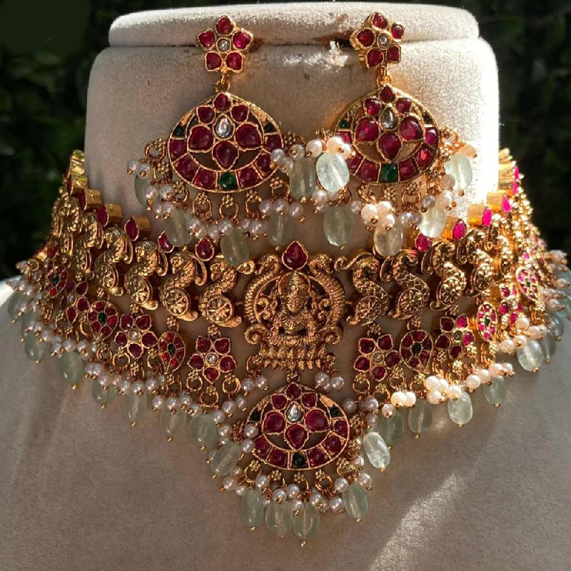 Women's necklaces sophisticated-Royal Kundan Jewellery Gold Plated Pota Stone Pearls And Temple Choker Necklace Set