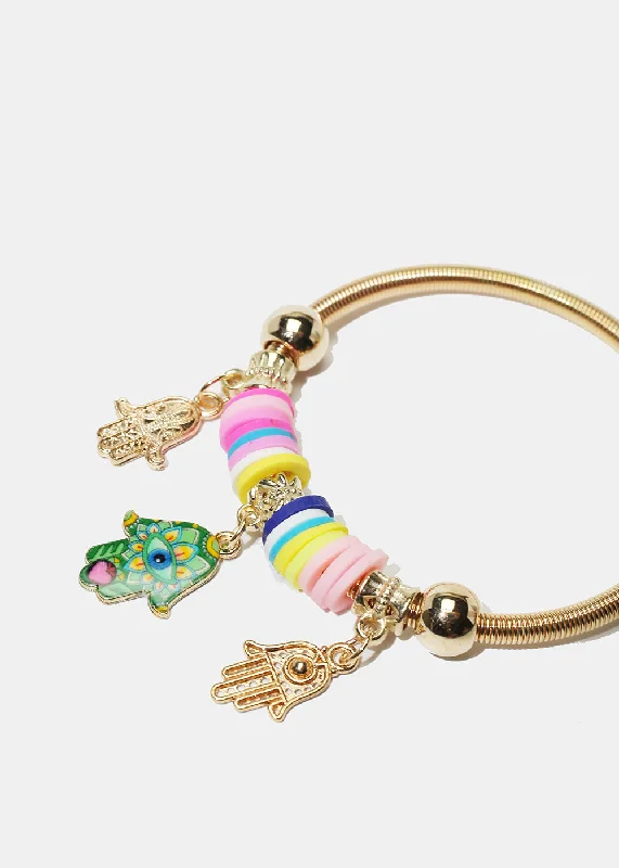 Women's bracelets refined-bangle-Colorful Hamsa Hand Charm Coil Bracelet