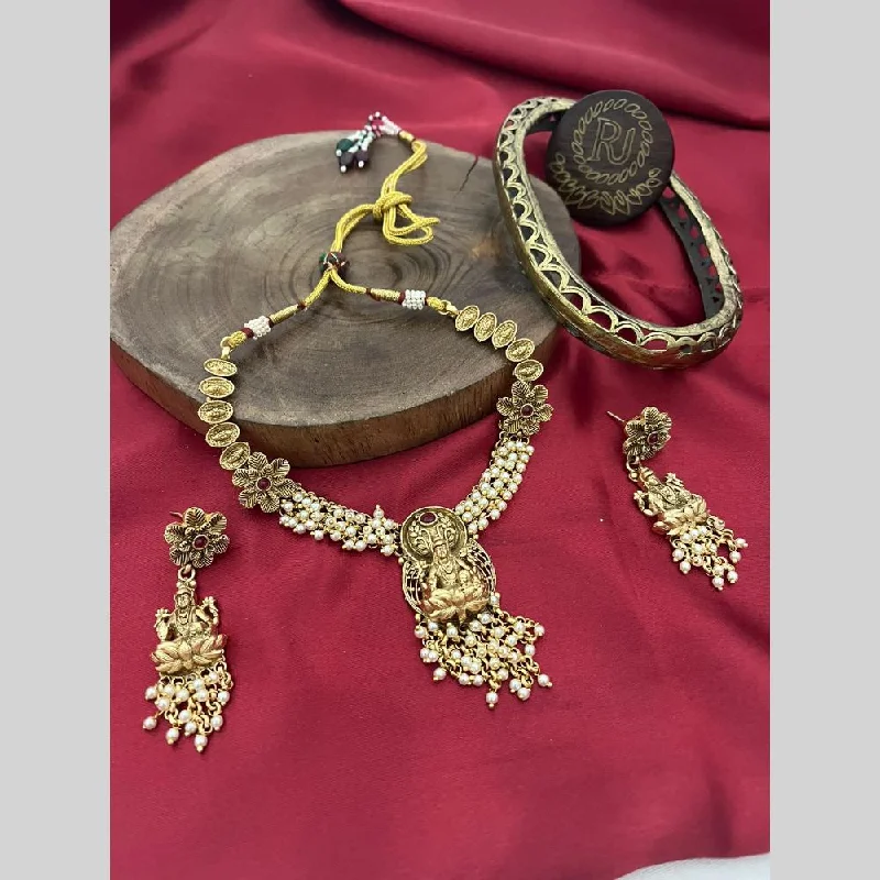 Women's necklaces fine-gold-FS Collection Gold Plated Pota Stone And Pearls Temple Necklace Set