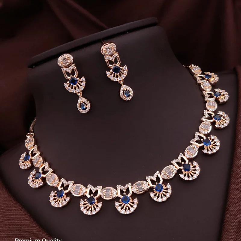 Women's necklaces fine-rose-chain-Akruti Collection Rose Gold Plated American Diamonds Necklace Set