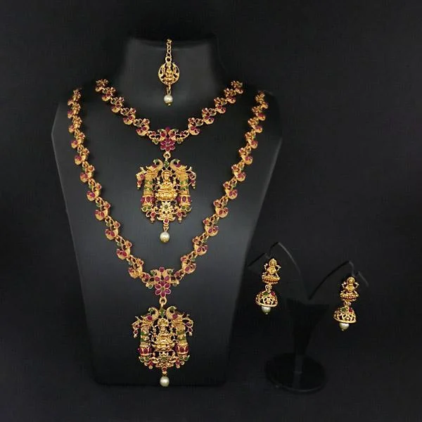 Women's necklaces chic-gift-Darshana Jewels Double Gold Plated Multi Stones Necklace Set -FAP0273A