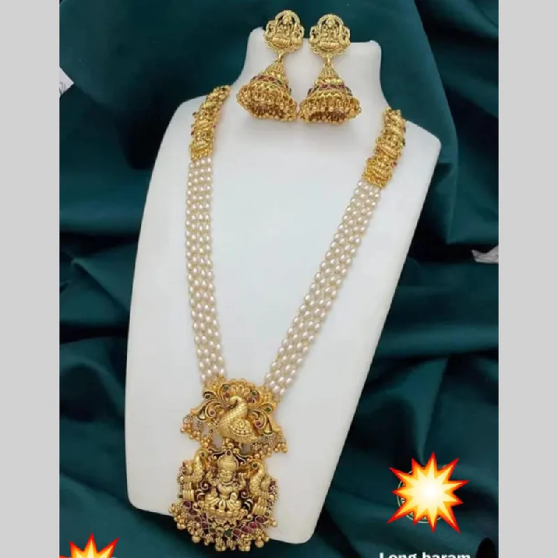 Women's necklaces artisan-polished-Manisha Jewellery Gold Plated Pota Stone And Pearl Temple Long Necklace Set