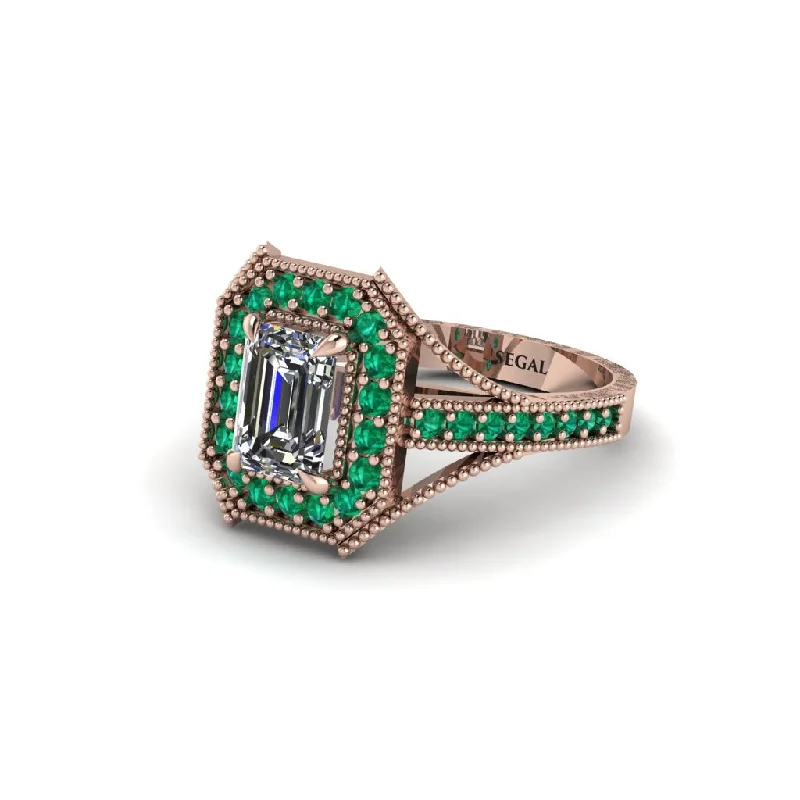 Women's engagement rings luxe-gold-Emerald Cut Emerald Milgrain Halo Engagement Ring - Xanthe No. 17