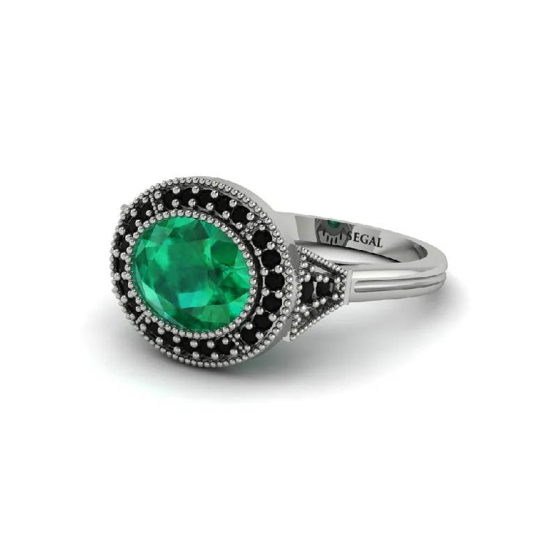 Women's engagement rings forever-gem-Oval Cut Emerald Milgrain Halo Engagement Ring - Alexandria No. 36