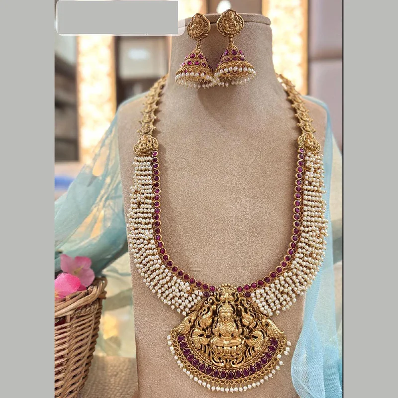 Women's necklaces artisan-chain-Jewel Addiction Gold Plated Pota Stone And Pearls Temple Long Necklace Set