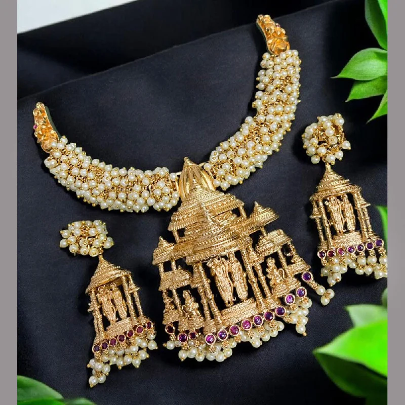 Women's necklaces rare-stone-Sona Creation Gold Plated Pota Stone And Pearls Ram Mandir Necklace Set