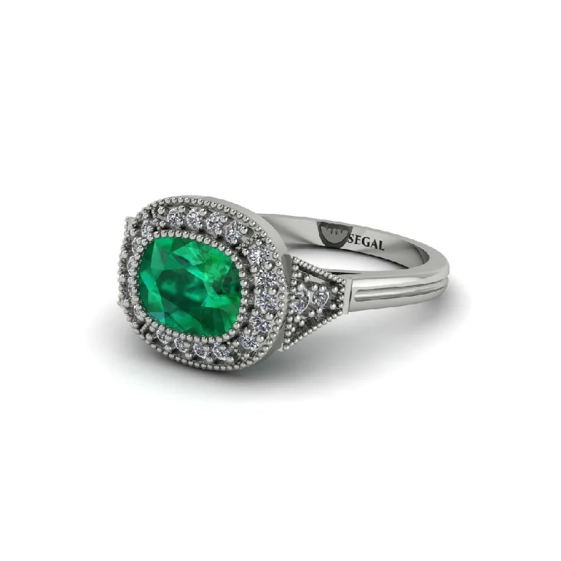 Women's engagement rings radiant-silver-Cushion Cut Emerald Milgrain Halo Engagement Ring - Blake No. 6