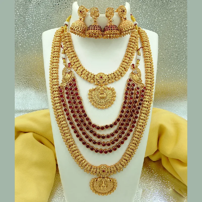 Women's necklaces yellow-gold-Joyful Jewel Art Matte Gold Plated Pota Stone Temple Long Necklace Combo