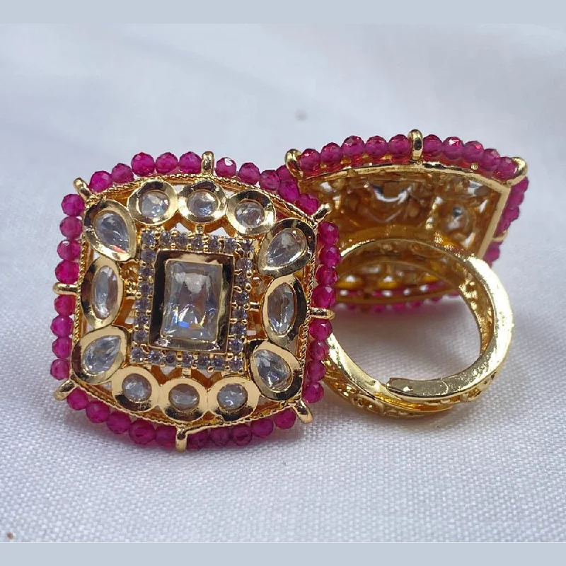 Women's rings soft-gem-Royal Kundan Jewellery Gold Plated Polki Kundan And Pearls Finger Ring