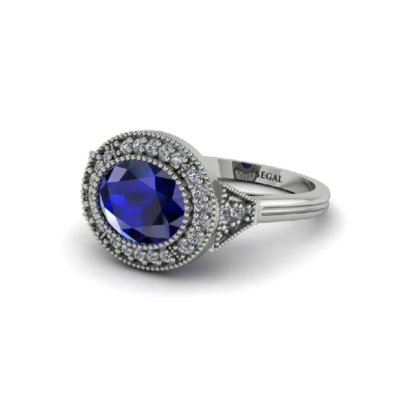 Women's engagement rings solitaire-Oval Cut Sapphire Milgrain Halo Engagement Ring - Alexandria No. 15