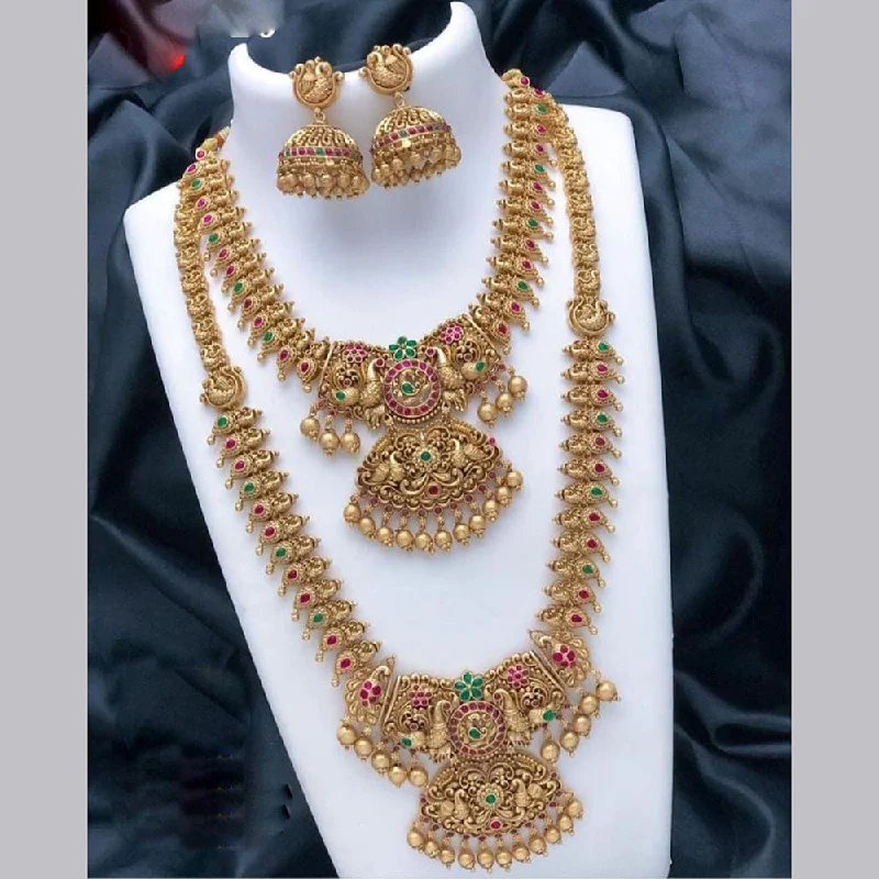 Women's necklaces refined-elegance-Manisha Jewellery Gold Plated Pota Stone Temple Double Necklace Set