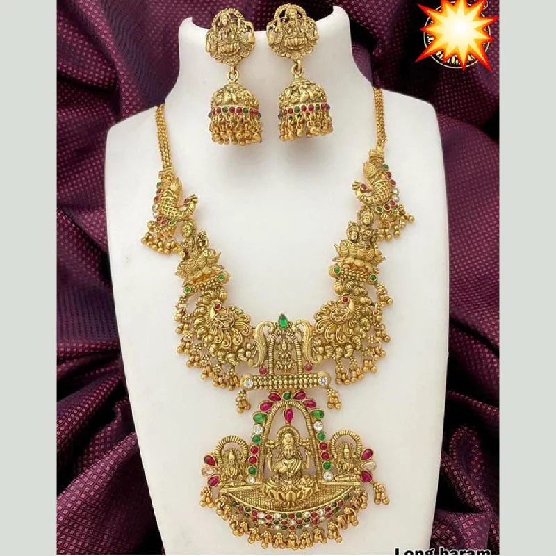 Women's necklaces sturdy-metal-Sai Fashion Gold Plated Pota Stone And Pearls Temple Necklace Set