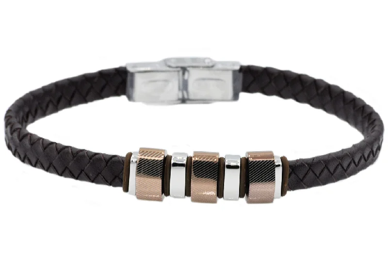 Women's bracelets perfect-gift-Mens Brown Leather And Stainless Steel Bracelet