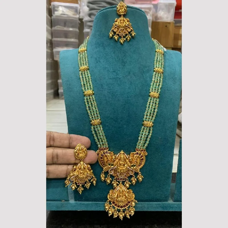 Women's necklaces fine-classic-Sona Creation Gold Plated Pota Stone And Beads Temple Long Necklace Set