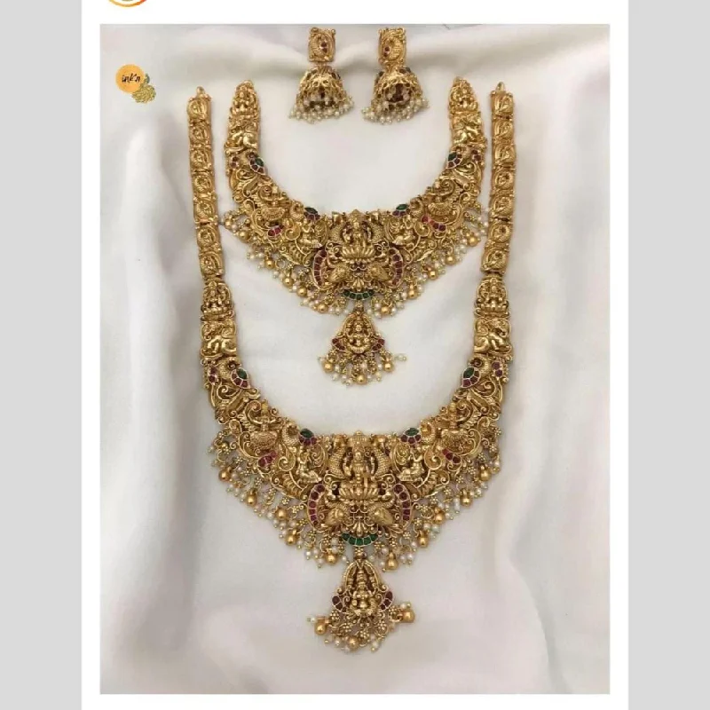 Women's necklaces fine-rose-Manisha Jewellery Gold Plated Pota Stone Temple Double Necklace Set