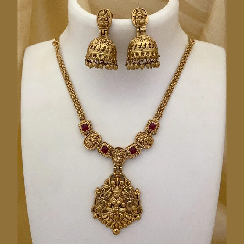 Women's necklaces creative-gem-Joyful Jewel Art Matte Gold Plated Pota Stone Temple Necklace Set