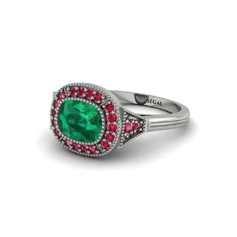 Women's engagement rings multi-stone-Cushion Cut Emerald Milgrain Halo Engagement Ring - Blake No. 51