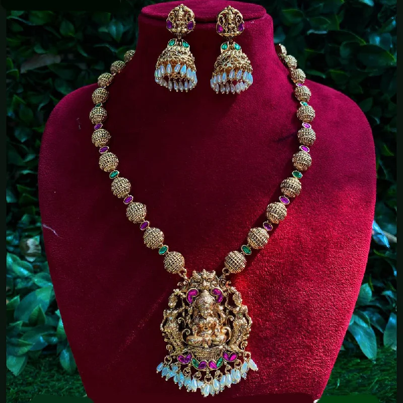 Women's necklaces contemporary-chain-Royal Kundan Jewellery Gold Plated Pota Stone And Pearls Temple Necklace Set