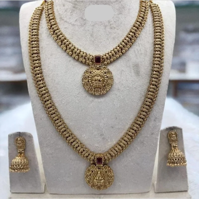 Women's necklaces enduring-elegance-Joyful Jewel Art Matte Gold Plated Pota Stone Temple Long Necklace Combo