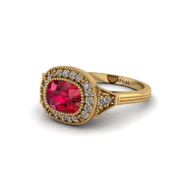 Women's engagement rings radiant-pink-Cushion Cut Ruby Milgrain Halo Engagement Ring - Blake No. 10