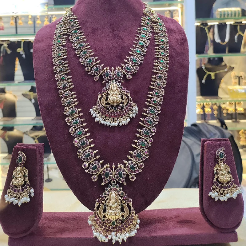 Women's necklaces spiral-Manisha Jewellery Gold Plated Pota Stone And Pearls Temple Double Necklace Set