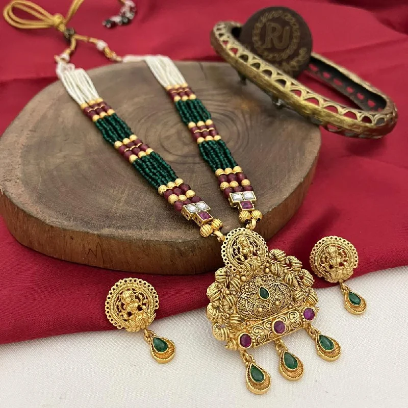 Women's necklaces striking-pendant-FS Collection Gold Plated Pota Stone And Pearls Temple Necklace Set