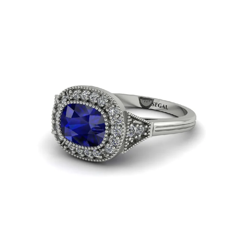 Women's engagement rings artisan-band-Cushion Cut Sapphire Milgrain Halo Engagement Ring - Blake No. 15