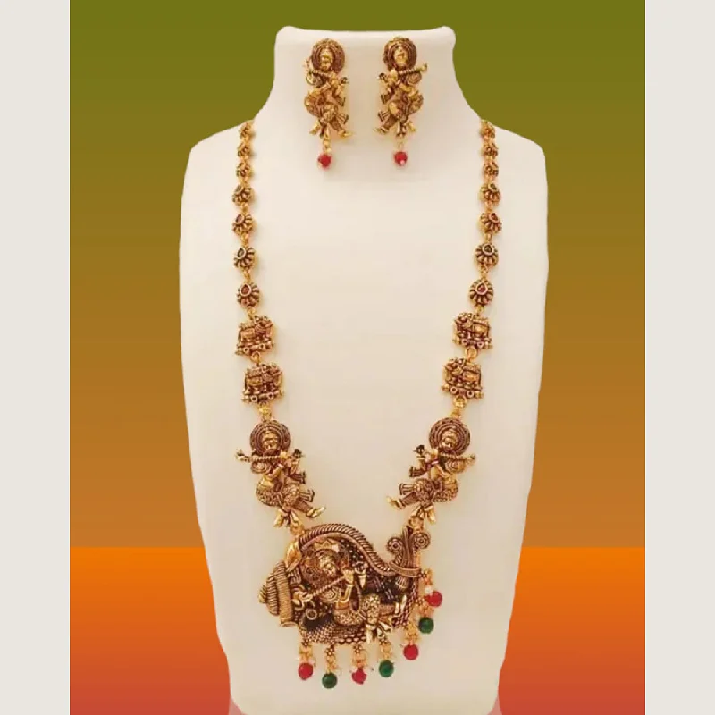 Women's necklaces artisan-style-Kavyanjali Jewels Gold Plated Pota Stone Temple Long Necklace Set