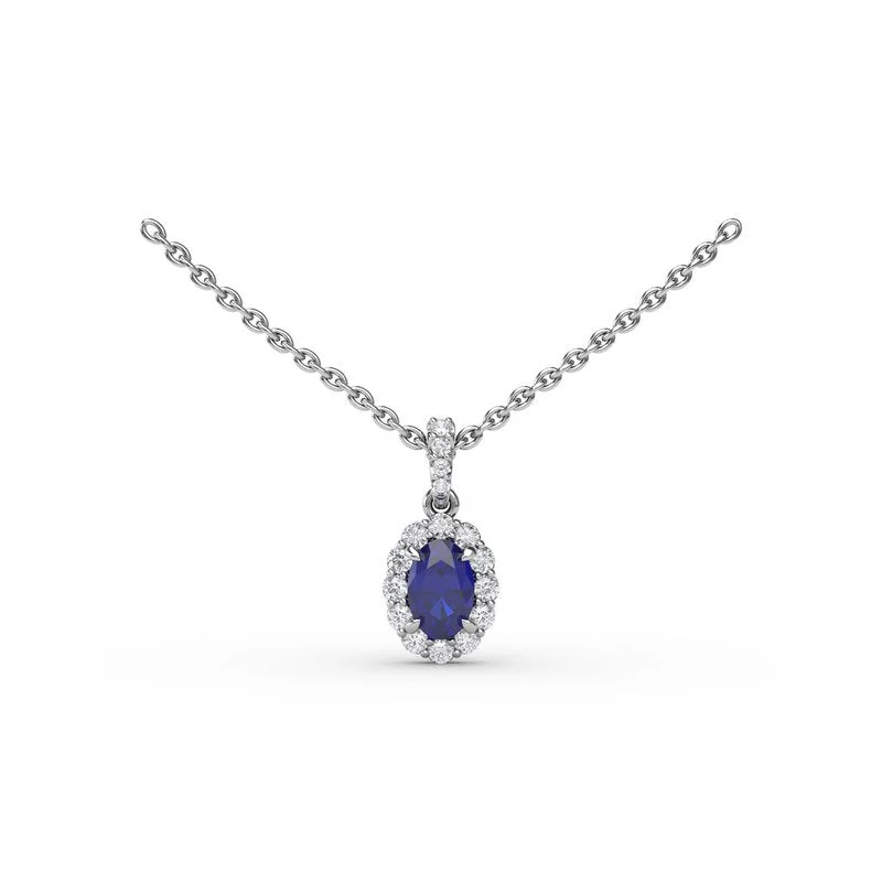 Women's necklaces sturdy-metal-Sapphire and Diamond Halo Necklace P1834S