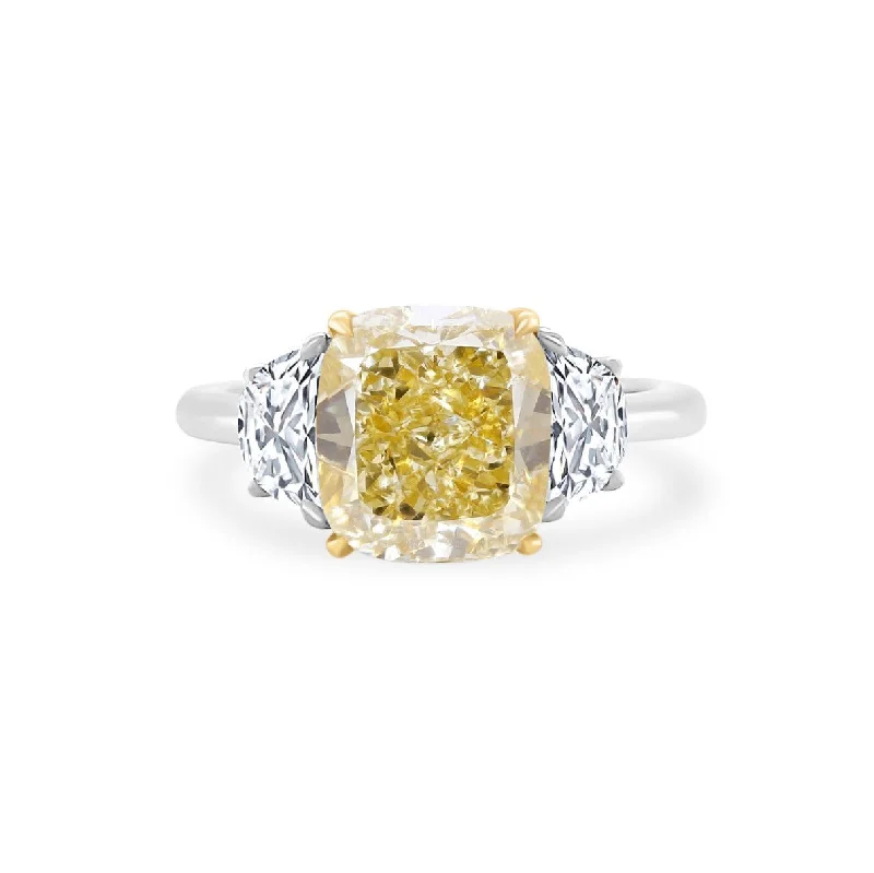 Women's rings striking-metal-Cushion Cut Yellow Diamond with Half Moon Cut Side Stones