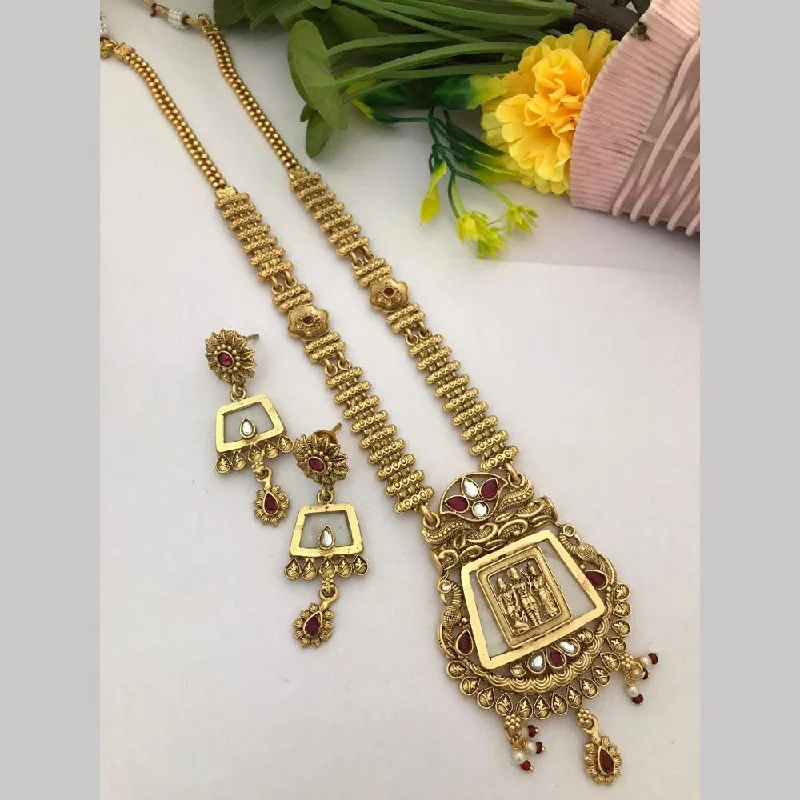 Women's necklaces green-FS Collection Gold Plated Pota Stone Temple Long Necklace Set