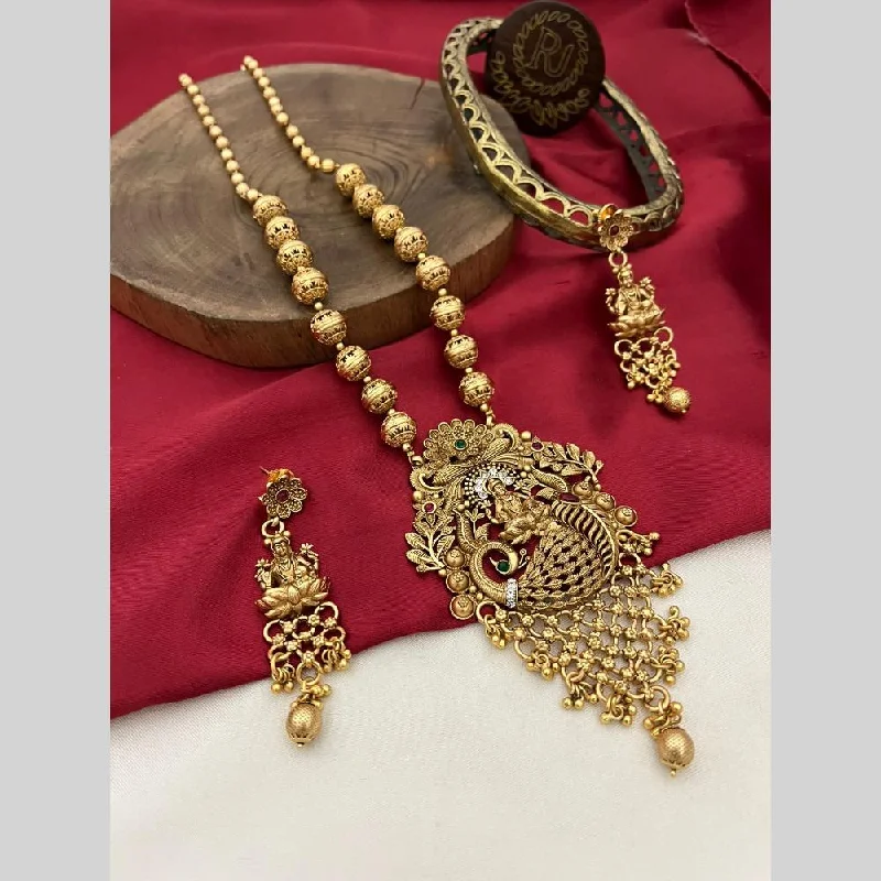 Women's necklaces soft-gem-FS Collection Gold Plated Pota Stone And Pearls Temple Long Necklace Set