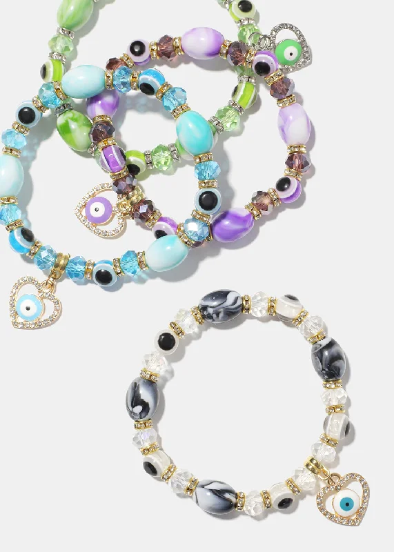 Women's bracelets retro-elegance-Light Color Bead Bracelet with Heart & evil Eye