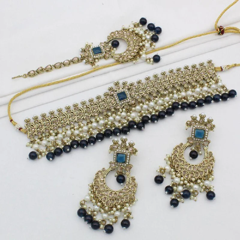 Women's necklaces striking-stone-India Art Gold Plated Crystal Stone And Pearls Choker Necklace Set