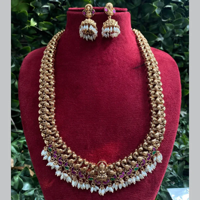 Women's necklaces evening-chic-Royal Kundan Jewellery Gold Plated Pota Stone And Temple Long Necklace Set