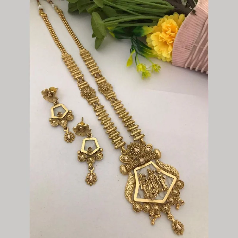 Women's necklaces sturdy-metal-FS Collection Gold Plated Pota Stone Temple Long Necklace Set