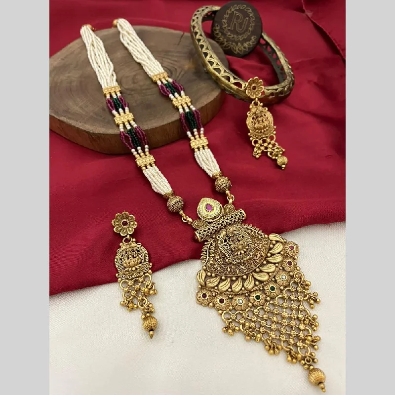 Women's necklaces gentle-chic-FS Collection Gold Plated Pota Stone And Pearls Temple Long Necklace Set