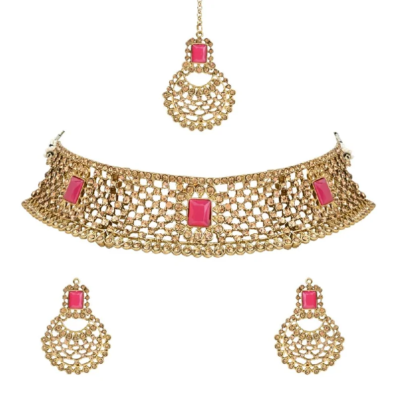 Women's necklaces enduring-chic-Etnico Gold Plated Traditional Design Stone Work Choker Necklace Jewellery Set With Chandbali Earring & Maang Tikka For Women/Girls (M4172FLQ)