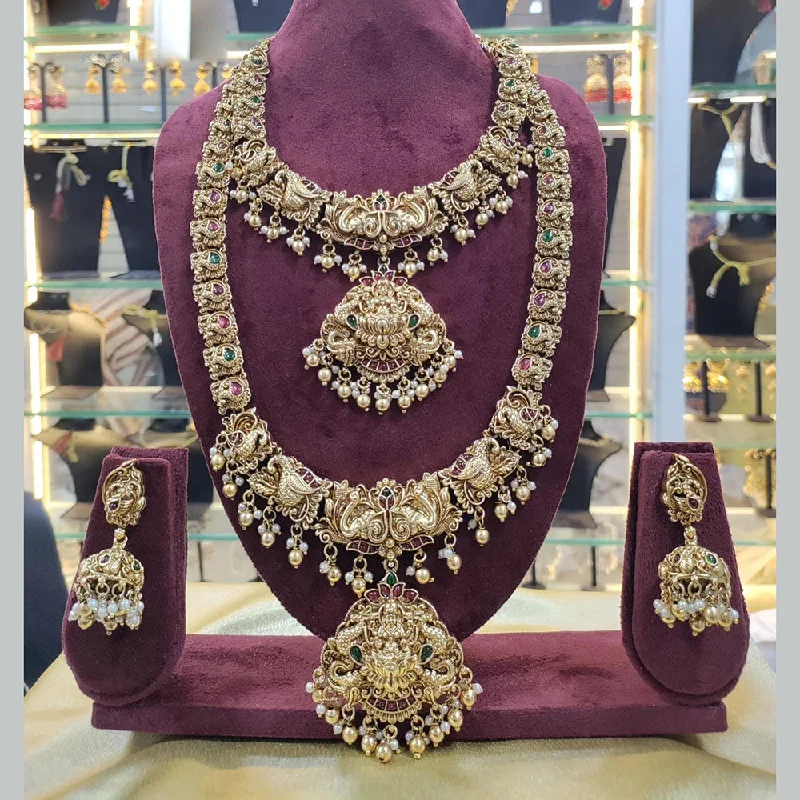 Women's necklaces soft-style-Manisha Jewellery Gold Plated Pota Stone And Pearls Temple Double Necklace Set