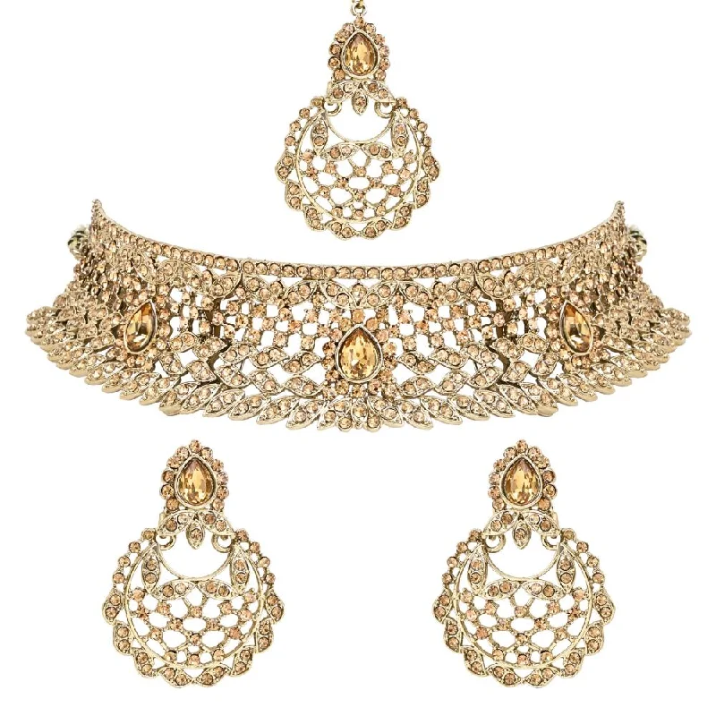 Women's necklaces soft-style-Etnico Gold Plated Traditional Design Stone Work Choker Necklace Jewellery Set With Chandbali Earring & Maang Tikka For Women/Girls (M4170FL)