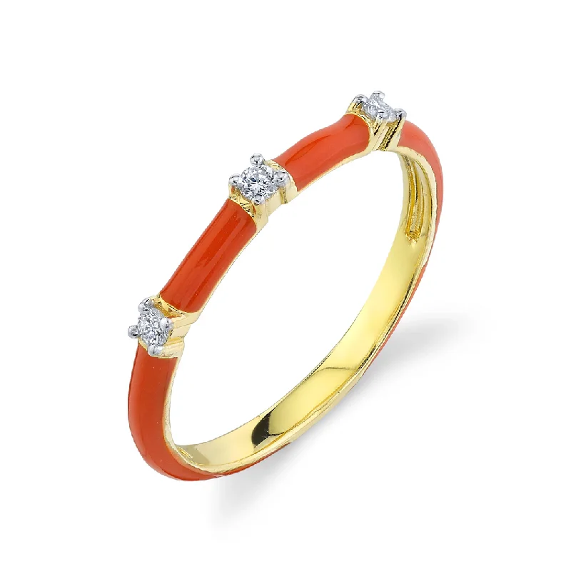 Women's rings love-inspired-18k Yellow Gold Orange Enamel & Diamond Stackable Ring