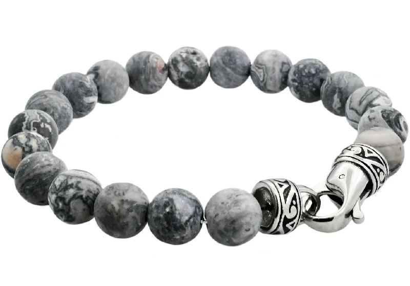 Women's bracelets contemporary-twist-Mens Genuine 10mm Gray Jasper Stainless Steel Beaded Bracelet