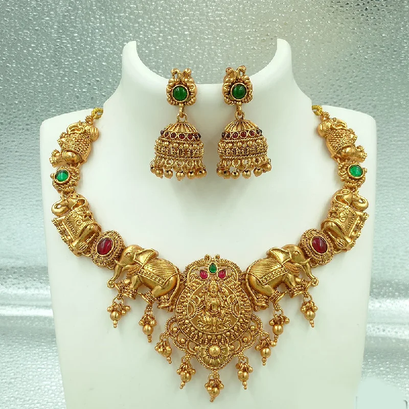 Women's necklaces artisan-style-Joyful Jewel Art Matte Gold Plated Pota Stone Temple Necklace Set