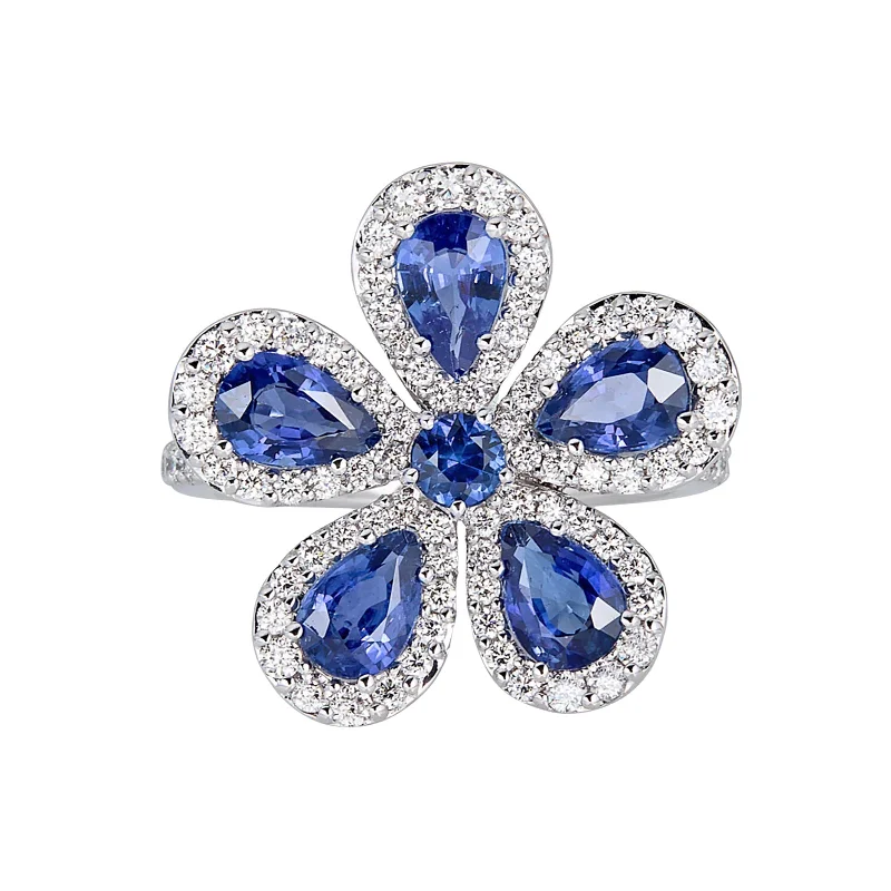 Women's rings fine-band-silver-Classic Flower Ring with Blue Sapphires and Diamonds