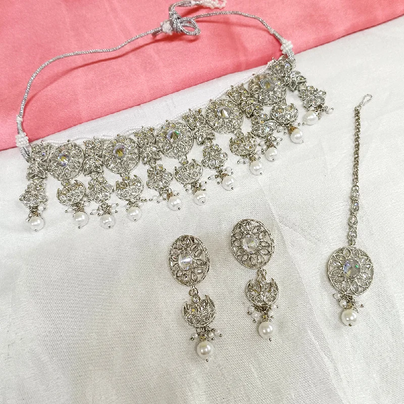 Women's necklaces striking-stone-Darshana Jewels Sliver Plated Crystal Stone Choker Necklace Set