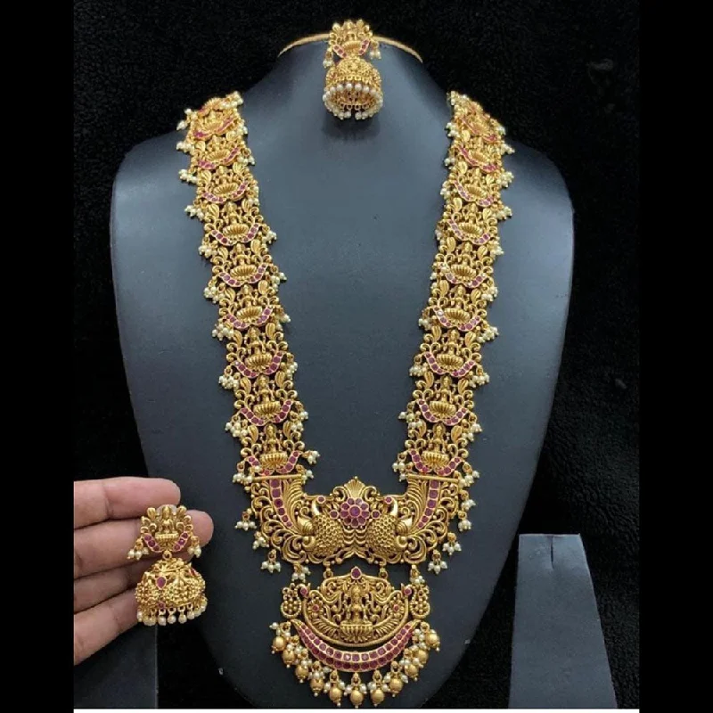 Women's necklaces daily-elegance-Manisha Jewellery Gold Plated Pota Stone And Pearls Temple Long Necklace Set