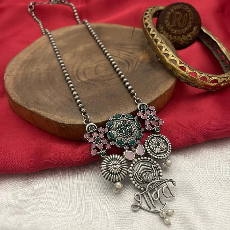 Women's necklaces artisan-gem-FS Collection Oxidised Plated Pota Stone And Temple Long Necklace Set