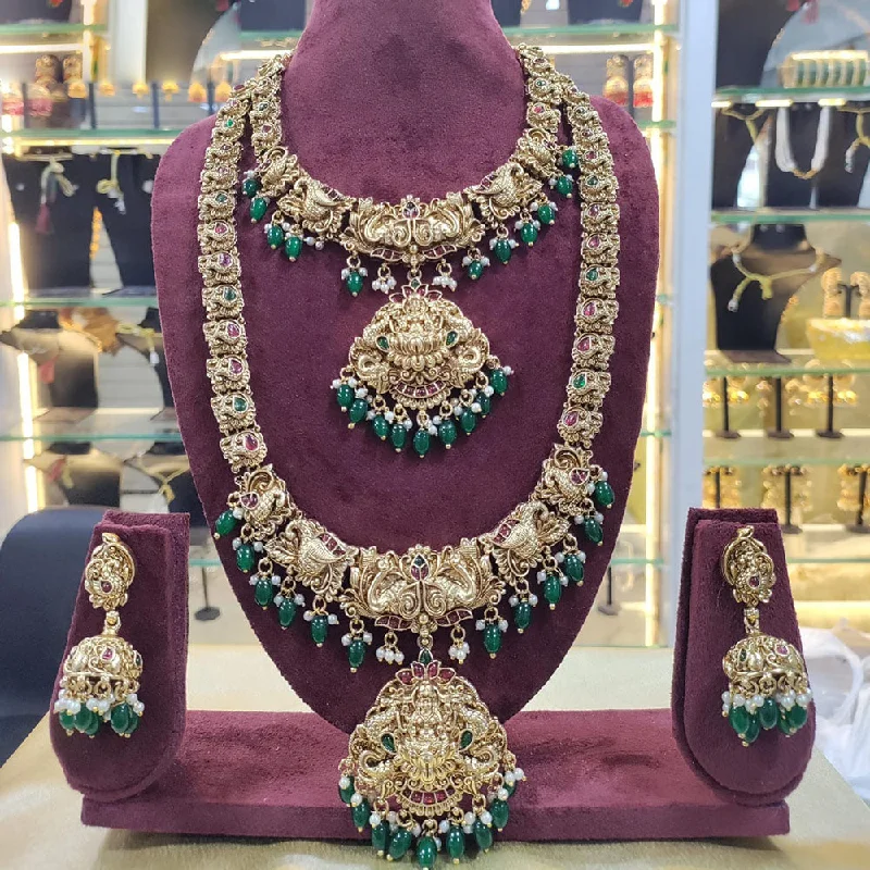 Women's necklaces garnet-Manisha Jewellery Gold Plated Pota Stone And Bead Temple Double Necklace Set