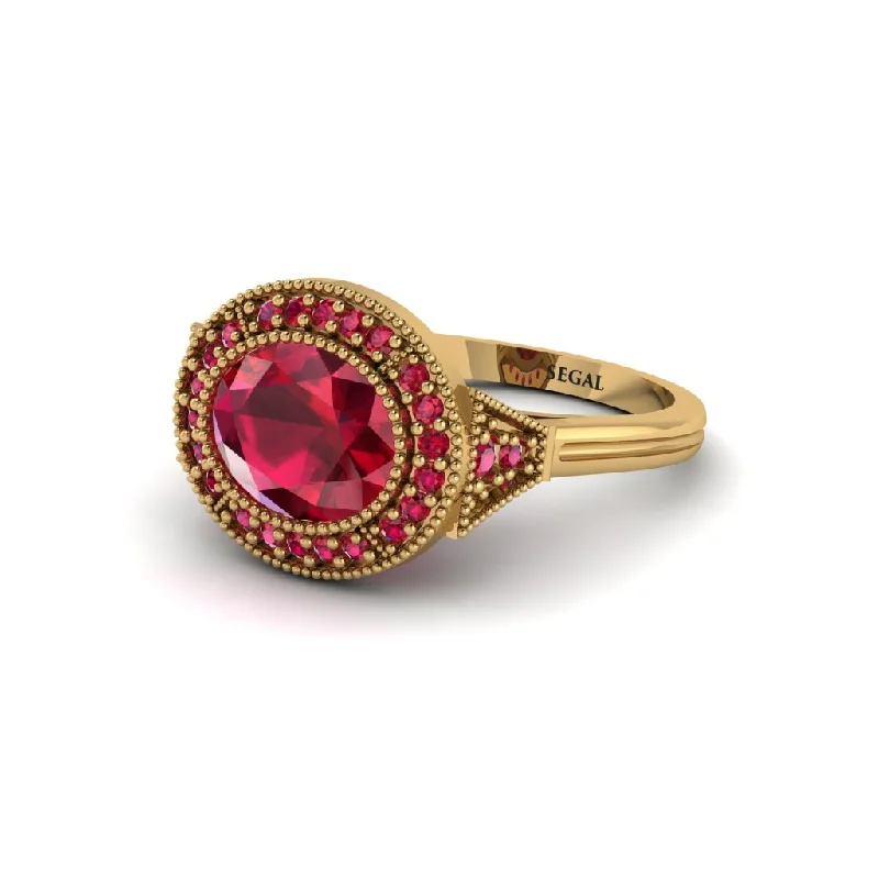 Women's engagement rings dazzling-design-Oval Cut Ruby Milgrain Halo Engagement Ring - Alexandria No. 55