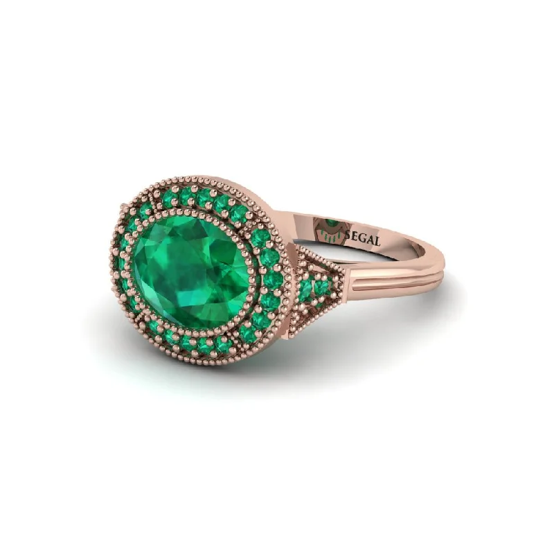 Women's engagement rings polished-band-Oval Cut Emerald Milgrain Halo Engagement Ring - Alexandria No. 20